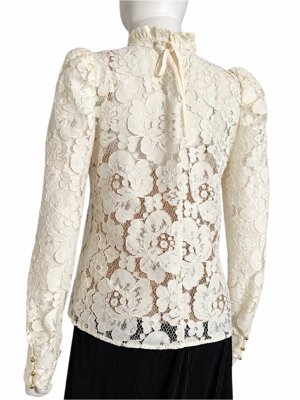 WAYF Women’s Small Ivory Floral Lace Blouse Puff Sleeve Ruffle Neck NWT Cami - Picture 7 of 9